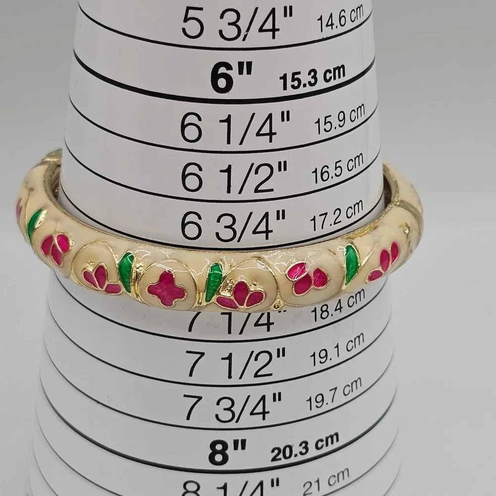 Enamel Floral Clamper Bracelet Cream Pink Gold Tone Hinged 7 Inch